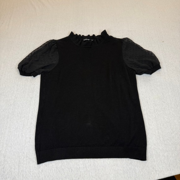 Adrianna Papell Tops - Adrianna Papell Black Mock Neck Puff Sleeve Sheer Dot Sweater‎ Top Size S